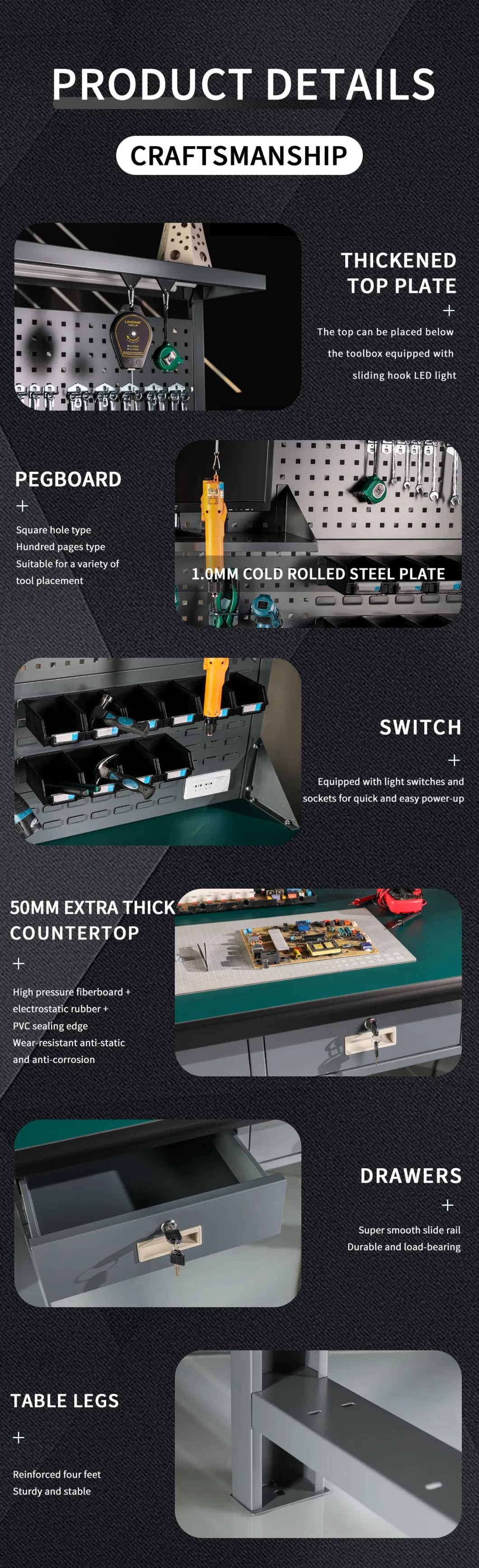 Smile Heavy Duty Metal Workshop Garage Workbench with Light and Drawers