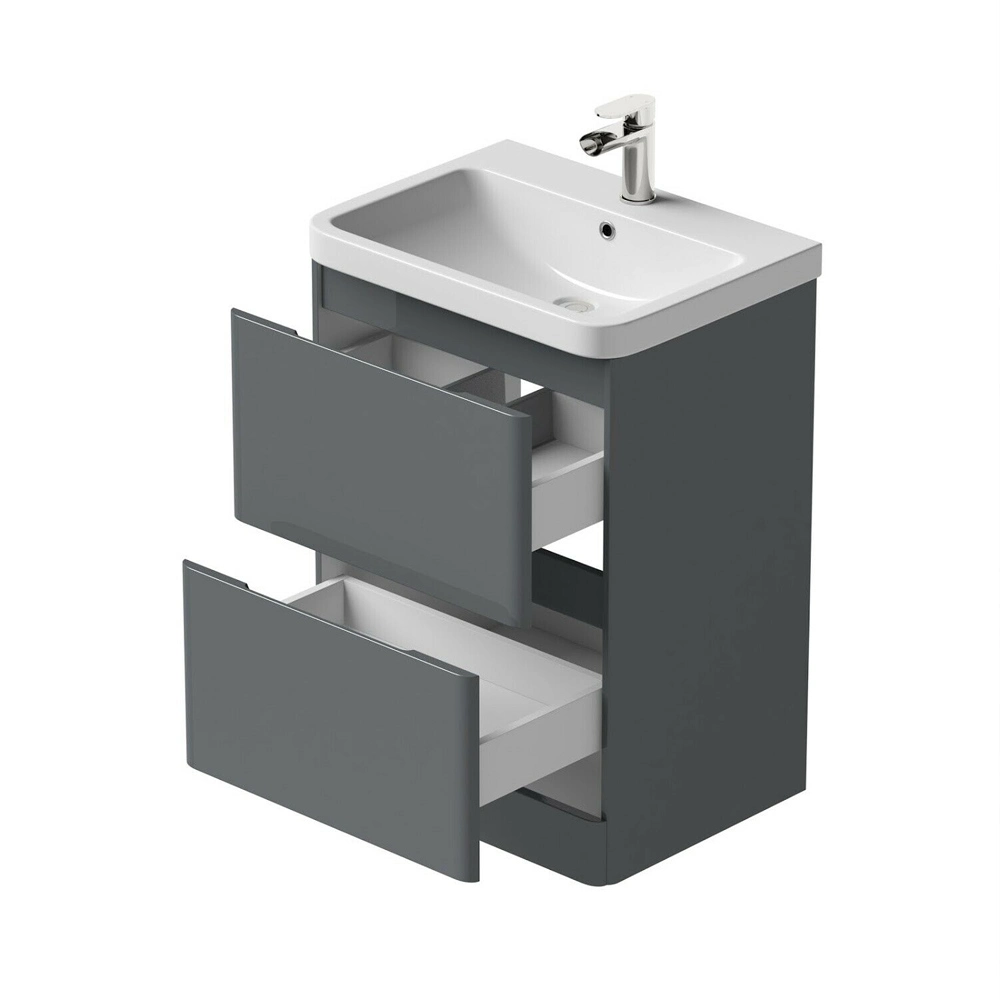 600mm Grey Vanity Sink Unit Ceramic Basin Bathroom Drawer Storage Furniture